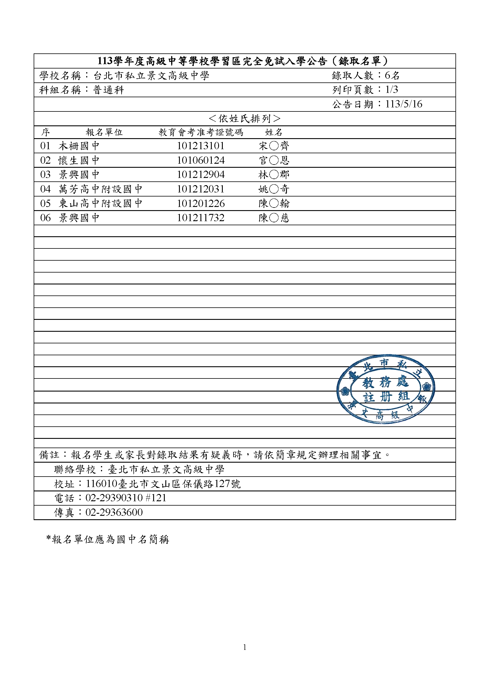 113學年度高級中等學校學習區完全免試入學-景文高中榜單公告1