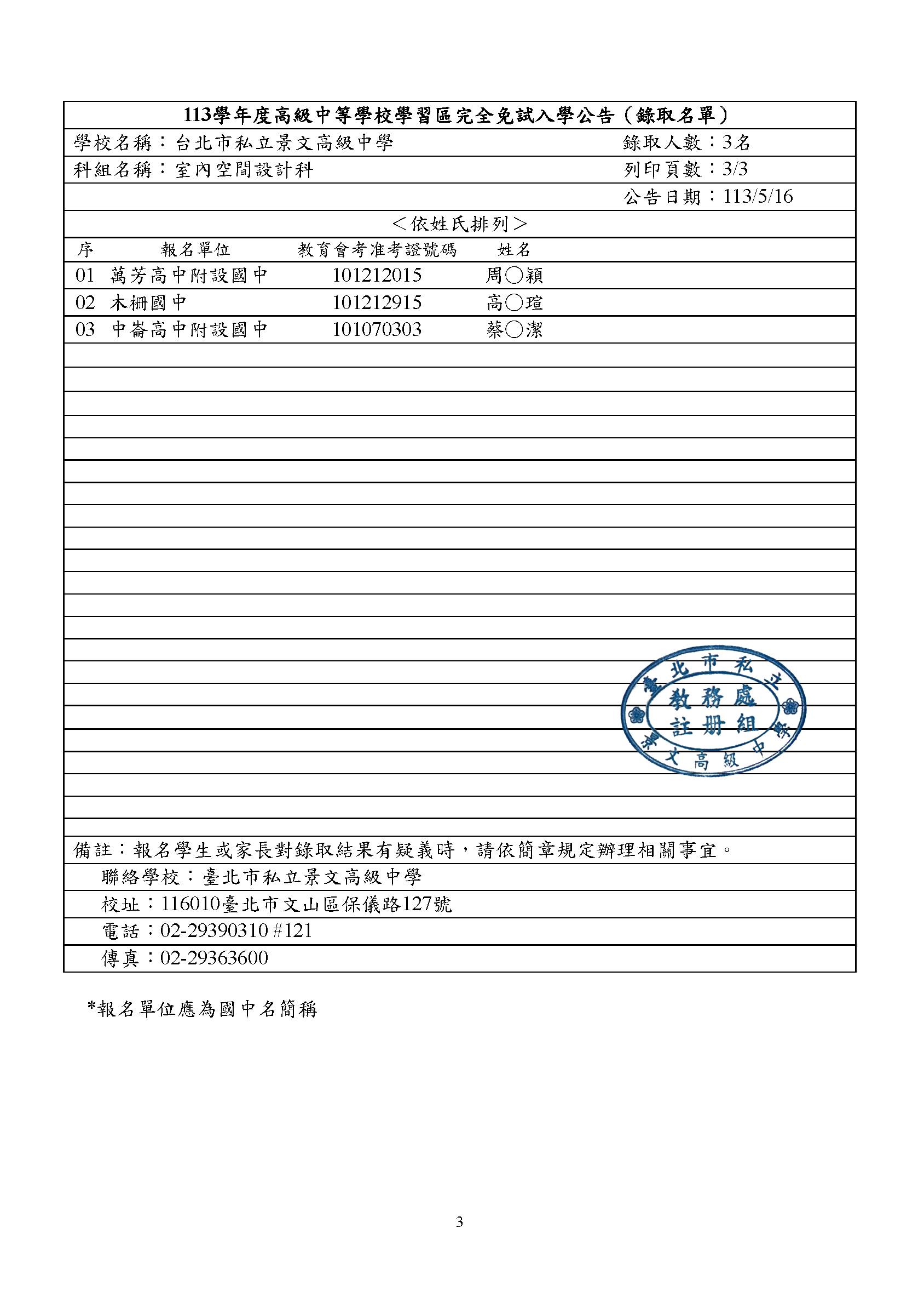 113學年度高級中等學校學習區完全免試入學-景文高中榜單公告3