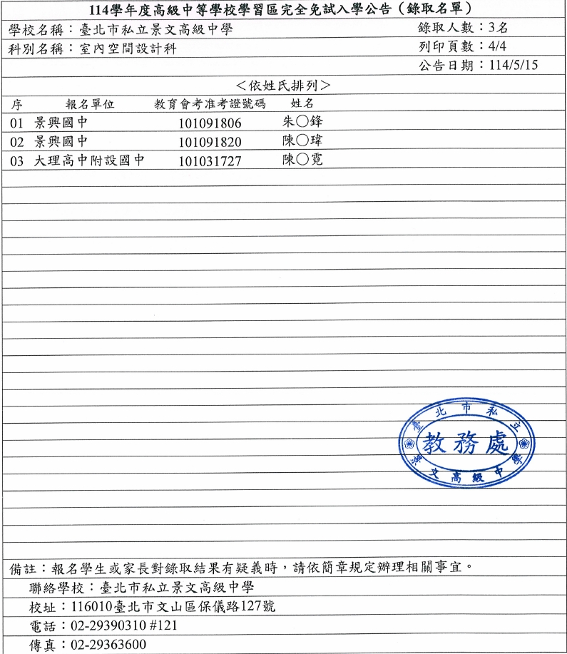 114學年度高級中等學校學習區完全免試入學-景文高中榜單公告4